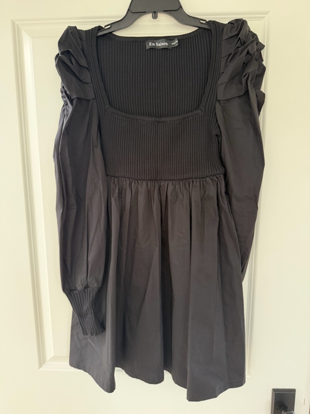 En Saison Black Mini Dress with Smocked Bodice and Puff Sleeves